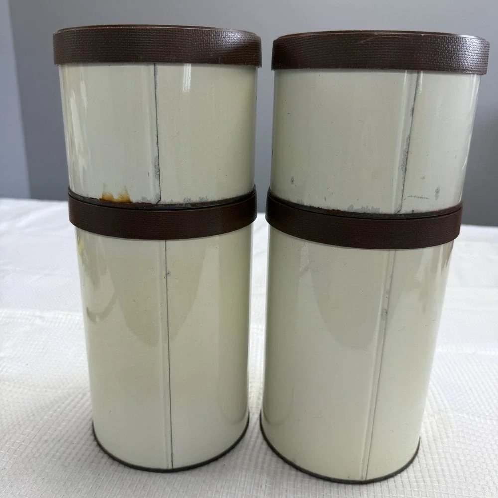 Vintage Ballonoff Tin Canister Set Lids Vegetables MCM Brown Retro 70s Kitchen